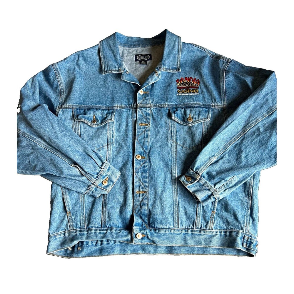 Vintage rivers edge trading mens Blue Denim Jacket XXL Sandia Casino Embroidered